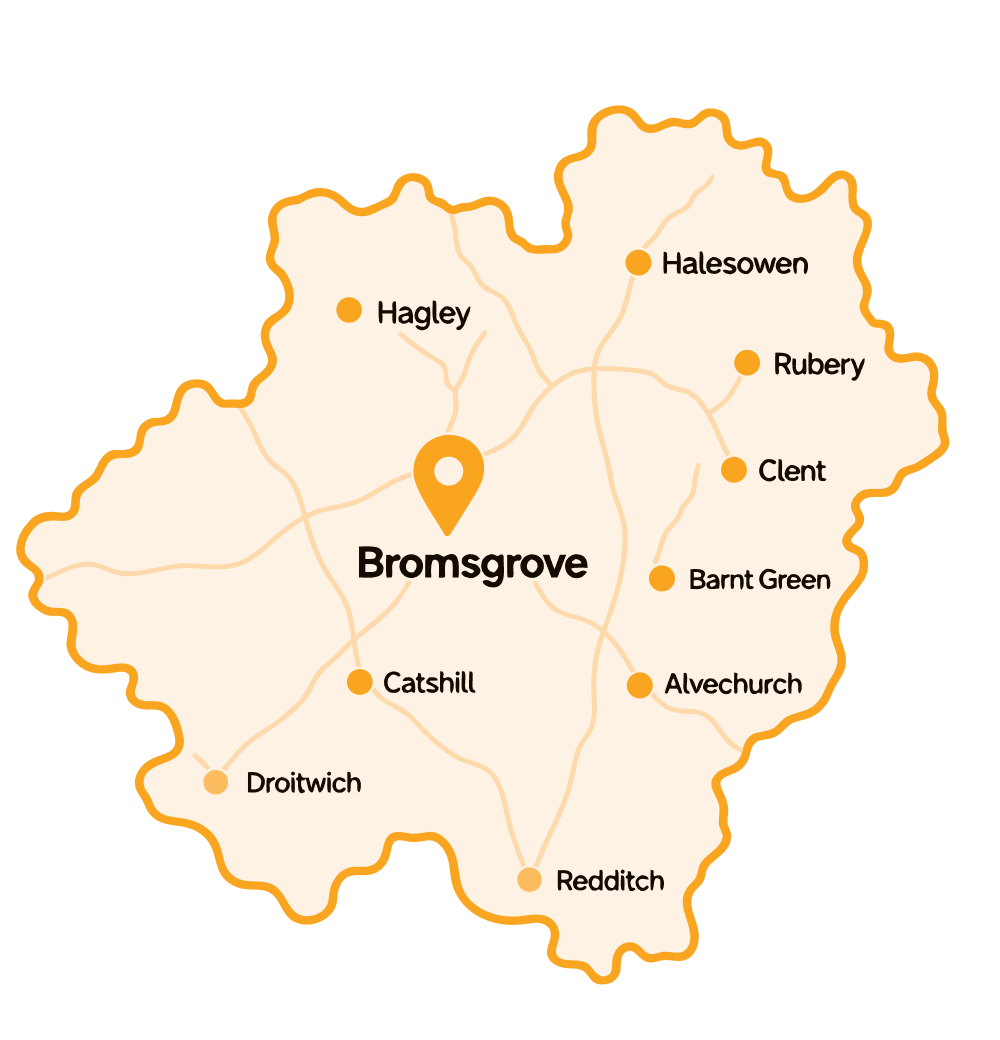 Illustrated map of Bromsgrove and nearby service areas